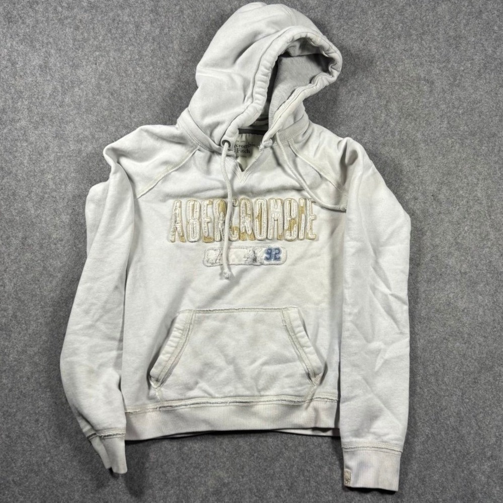Abercrombie & Fitch Womens‎ Large White Distressed Logo Pullover Hoodie Y2K VTG